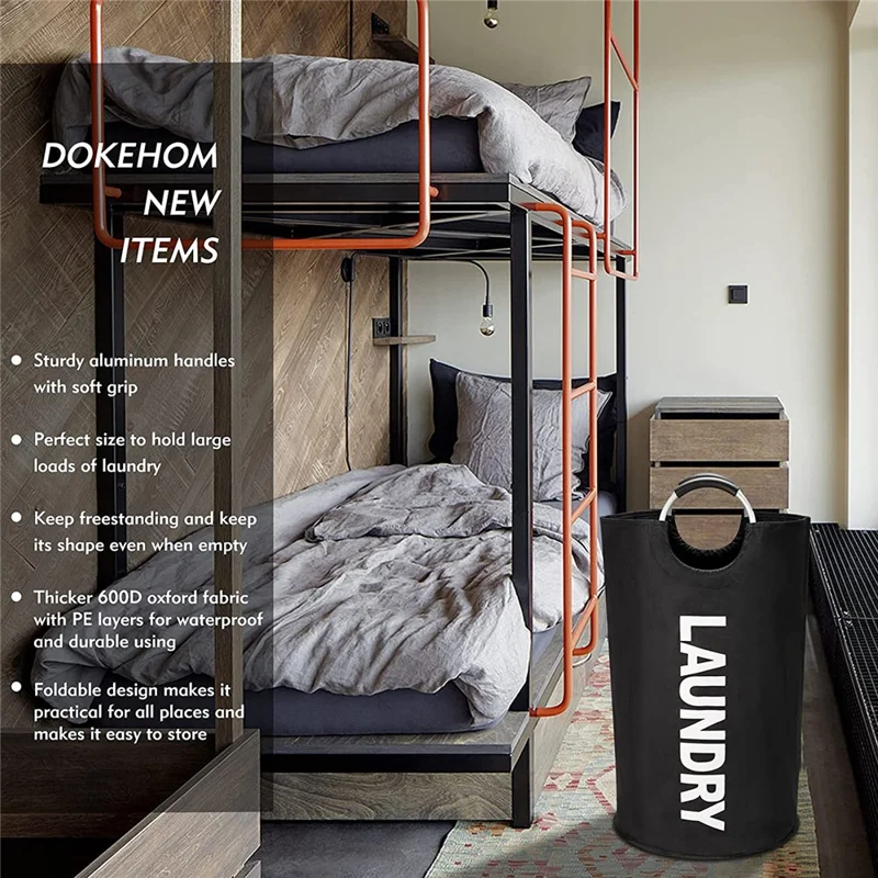 Large Size Collapsible Laundry Basket 600D Oxford Cloth Waterproof Dirty Clothes Storage Basket with Handles - Black