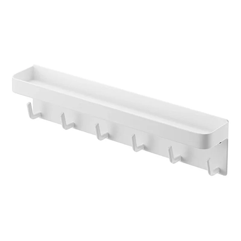 Wall Mounted Key Holder Hook Organizer Rack Carbon Steel 6-Hooks Magnetic Mount for Entryway - White