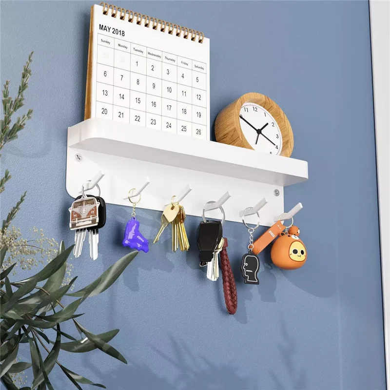 Wall Mounted Key Holder Hook Organizer Rack Carbon Steel 6-Hooks Magnetic Mount for Entryway - White