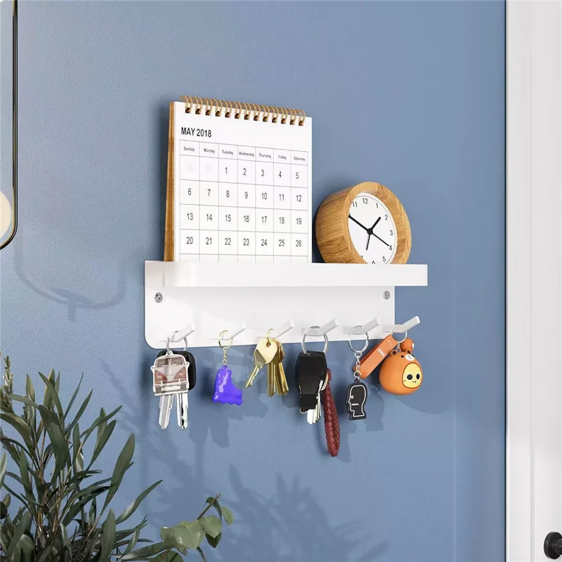 Wall Mounted Key Holder Hook Organizer Rack Carbon Steel 6-Hooks Magnetic Mount for Entryway - White