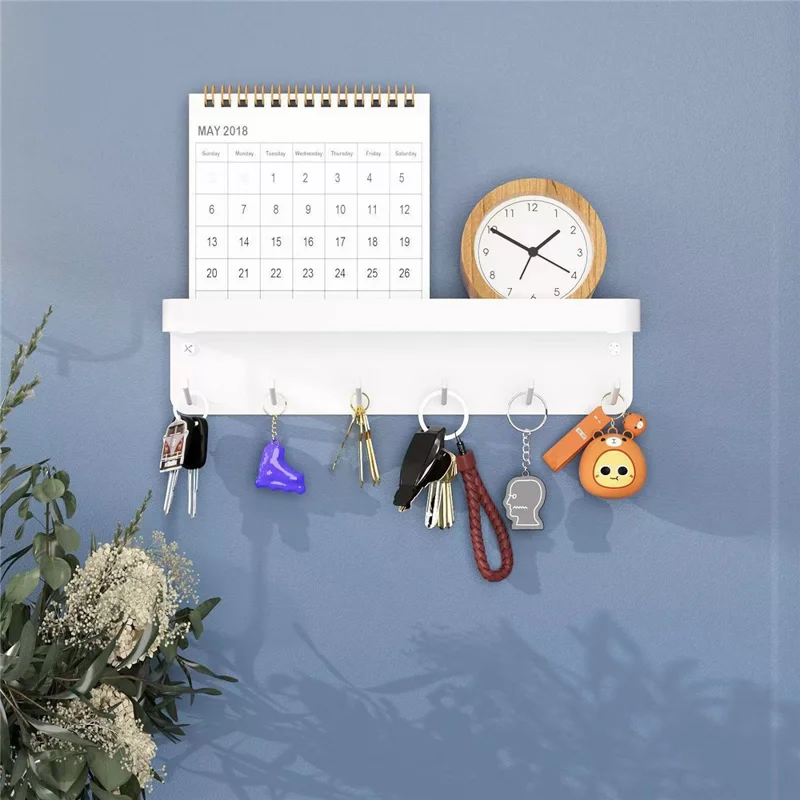 Wall Mounted Key Holder Hook Organizer Rack Carbon Steel 6-Hooks Magnetic Mount for Entryway - White