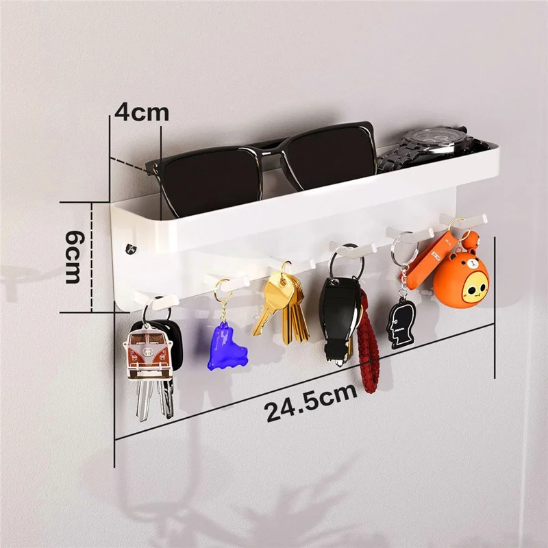 Wall Mounted Key Holder Hook Organizer Rack Carbon Steel 6-Hooks Magnetic Mount for Entryway - White