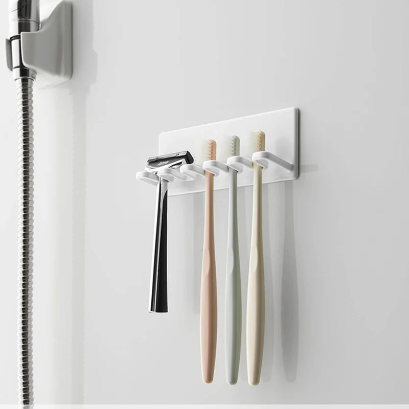 Muurbevestigde tandenborstelhouder zonder boren 5-vakjes badkamer tandenborstel scheermes organizer - Wit / LH-428