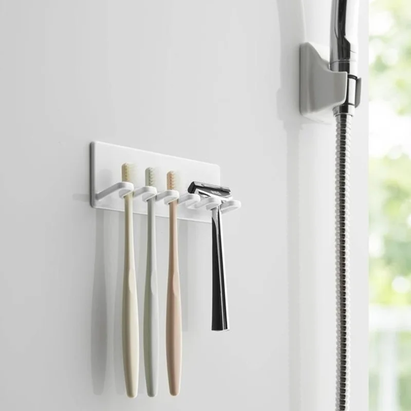 Muurbevestigde tandenborstelhouder zonder boren 5-vakjes badkamer tandenborstel scheermes organizer - Wit / LH-428