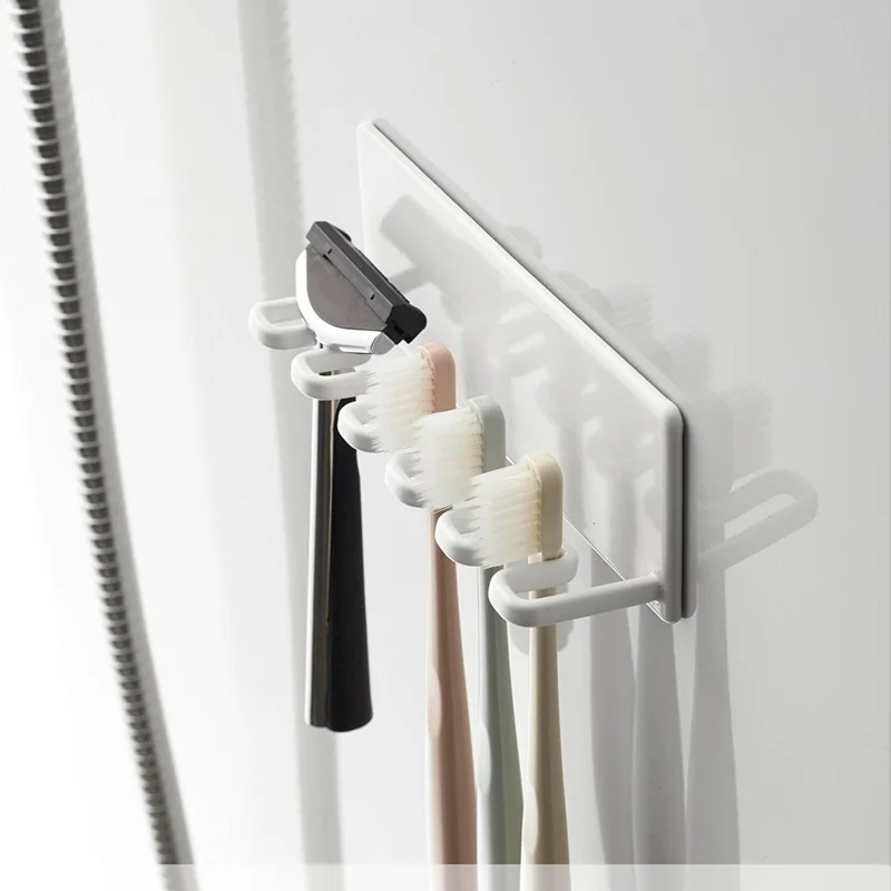 Muurbevestigde tandenborstelhouder zonder boren 5-vakjes badkamer tandenborstel scheermes organizer - Wit / LH-428