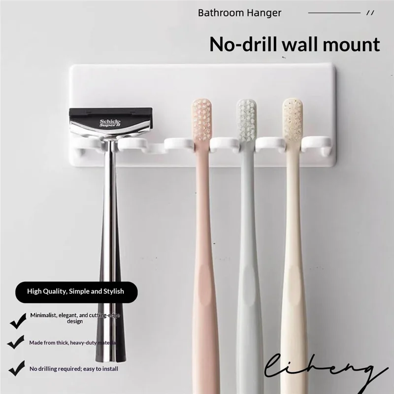 Portecepillos de Pared sin Perforación, Organizador de 5 Ranuras para Cepillos de Dientes y Afeitadoras - Negro / LH-428