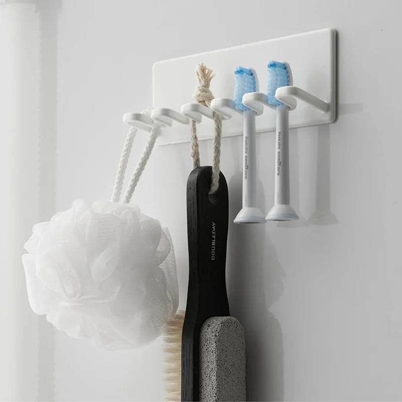 Portecepillos de Pared sin Perforación, Organizador de 5 Ranuras para Cepillos de Dientes y Afeitadoras - Negro / LH-428