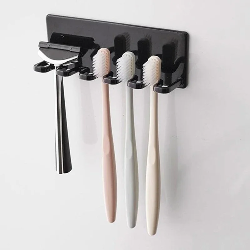 Portecepillos de Pared sin Perforación, Organizador de 5 Ranuras para Cepillos de Dientes y Afeitadoras - Negro / LH-428