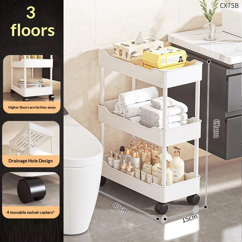 Carrinho de Armazenamento com 3 Níveis 40x15x62cm, Estante de Armazenamento para Espaços Estreitos com Bandeja de Drenagem, Carrinho Móvel com Rodízios - Branco