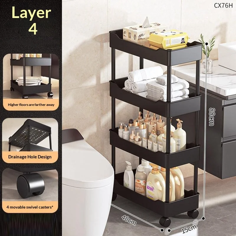 Carrinho de Armazenamento com 4 Prateleiras 40x15x88 cm, Estante de Armazenamento para Espaços Estreitos, Design com Bandeja de Drenagem, Carrinho Móvel com Rodízios - Preto