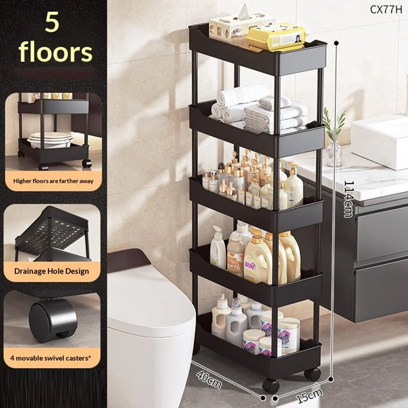 Carrinho de Armazenamento com 5 Prateleiras 40x15x114 cm, Estante de Armazenamento para Espaços Estreitos, Design com Bandeja de Drenagem, Carrinho Móvel com Rodízios - Preto