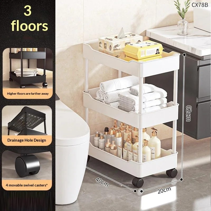 Carrinho de Armazenamento com 3 Prateleiras 40x20x62 cm, Estante de Armazenamento Sanitaário com Espaço Reduzido, Design com Bandeja de Drenagem, Carrinho Móvel com Rodízios - Branco