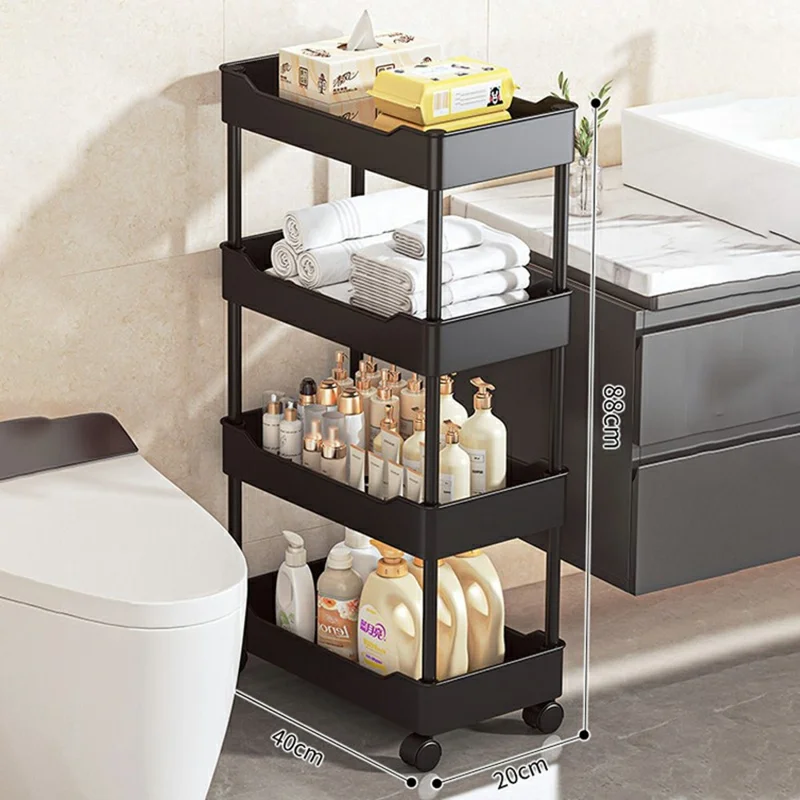 Carrinho de Armazenamento com 4 Prateleiras 40x20x88 cm, Estante de Armazenamento para Espaços Estreitos, Design com Bandeja de Drenagem, Carrinho Móvel com Rodízios - Preto