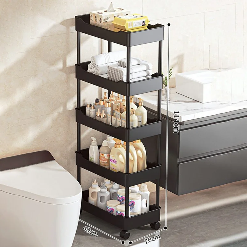 Carrinho de Armazenamento com 5 Prateleiras 40x20x114cm, Estante para Espaços Estreitos com Rodízios Silenciosos, Design com Bandeja de Drenagem - Preto