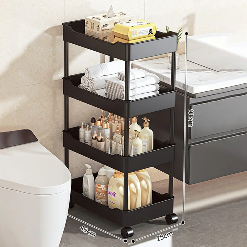 Carrinho de Armazenamento com 4 Níveis 40x25x91cm, Estante de Armazenamento para Espaços Estreitos, Bandeja de Drenagem, Carrinho Móvel com Rodízios - Preto
