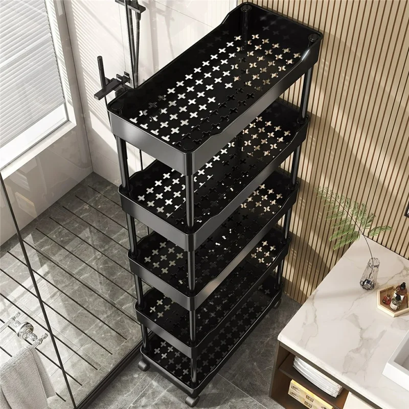 Carrinho de Armazenamento com 4 Níveis 40x25x91cm, Estante de Armazenamento para Espaços Estreitos, Bandeja de Drenagem, Carrinho Móvel com Rodízios - Preto