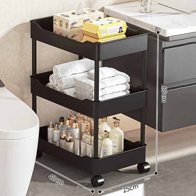 Carrinho de Armazenamento com 3 Prateleiras 40x25x65 cm, Estante de Armazenamento para Espaços Estreitos, Design com Bandeja de Drenagem, Carrinho Móvel com Rodízios - Preto