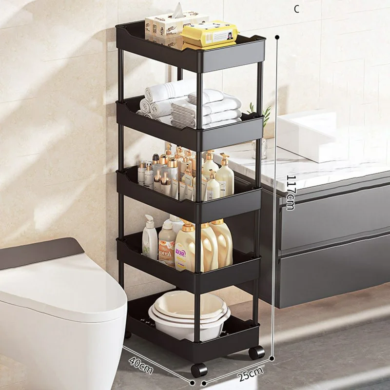 40x25x117cm 5-Tier Rolling Storage Cart Bathroom Gap Storage Rack Drainage Tray Design Mobile Trolley with Wheels - Black