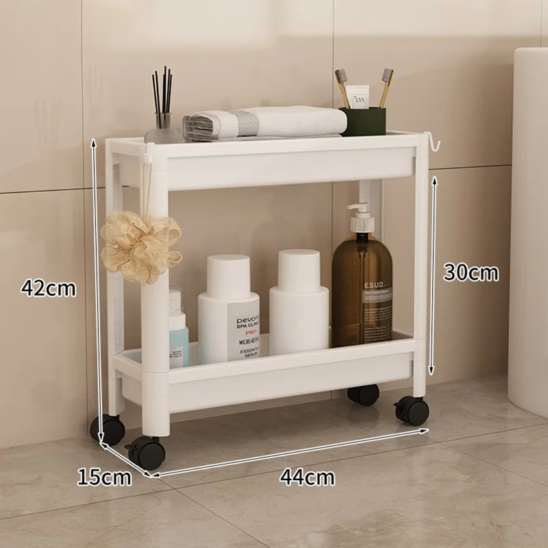 Carrinho de Armazenamento para Espaços Estreitos de 44x15x42 cm com 2 Pisos e Rodízios, Prateleira Organizadora de Pé para Casa de Banho Cozinha - Branco