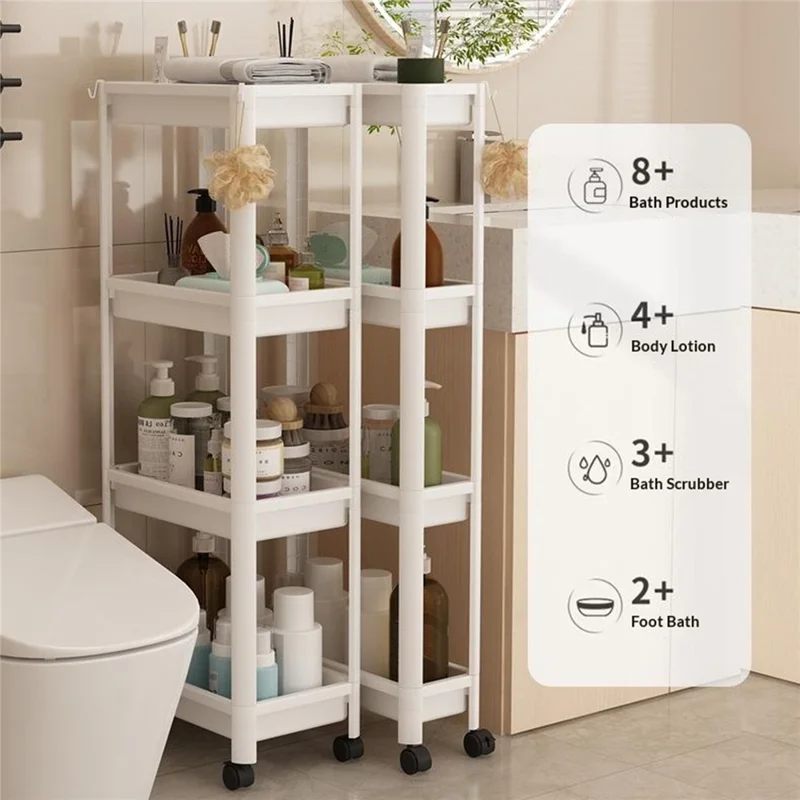 44x15x102cm 4-Tier Bathroom Gap Storage Cart with Wheels Floor Standing Rack Organizer Shelf for Bathroom Kitchen - White
