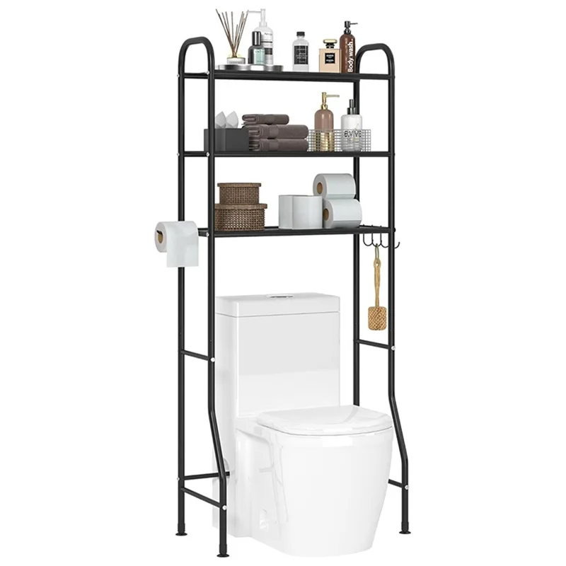 3-Tier Over Toilet Storage Rack Iron Bathroom Organizer Shelf with Tissue Holder Hooks
