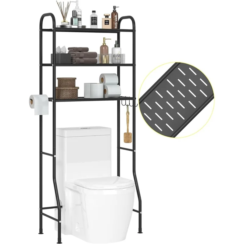 3-Tier Over Toilet Storage Rack Iron Bathroom Organizer Shelf with Tissue Holder Hooks