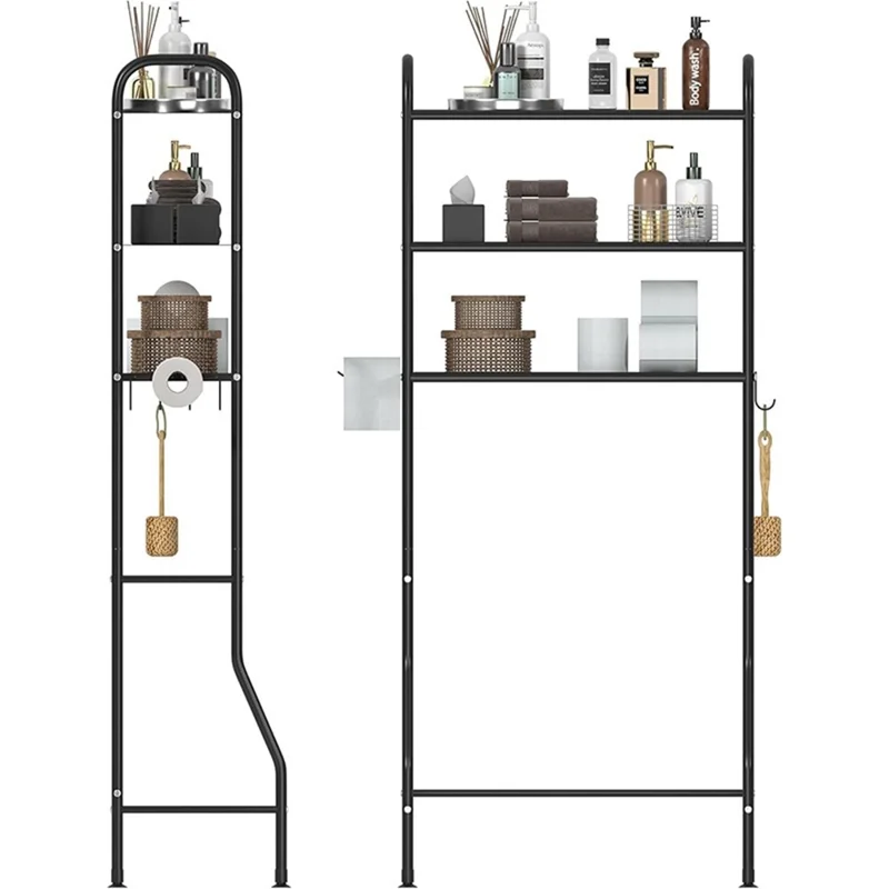 3-Tier Over Toilet Storage Rack Iron Bathroom Organizer Shelf with Tissue Holder Hooks