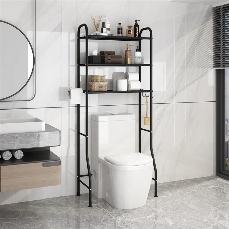 3-Tier Over Toilet Storage Rack Iron Bathroom Organizer Shelf with Tissue Holder Hooks