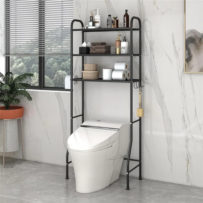 3-Tier Over Toilet Storage Rack Iron Bathroom Organizer Shelf with Tissue Holder Hooks