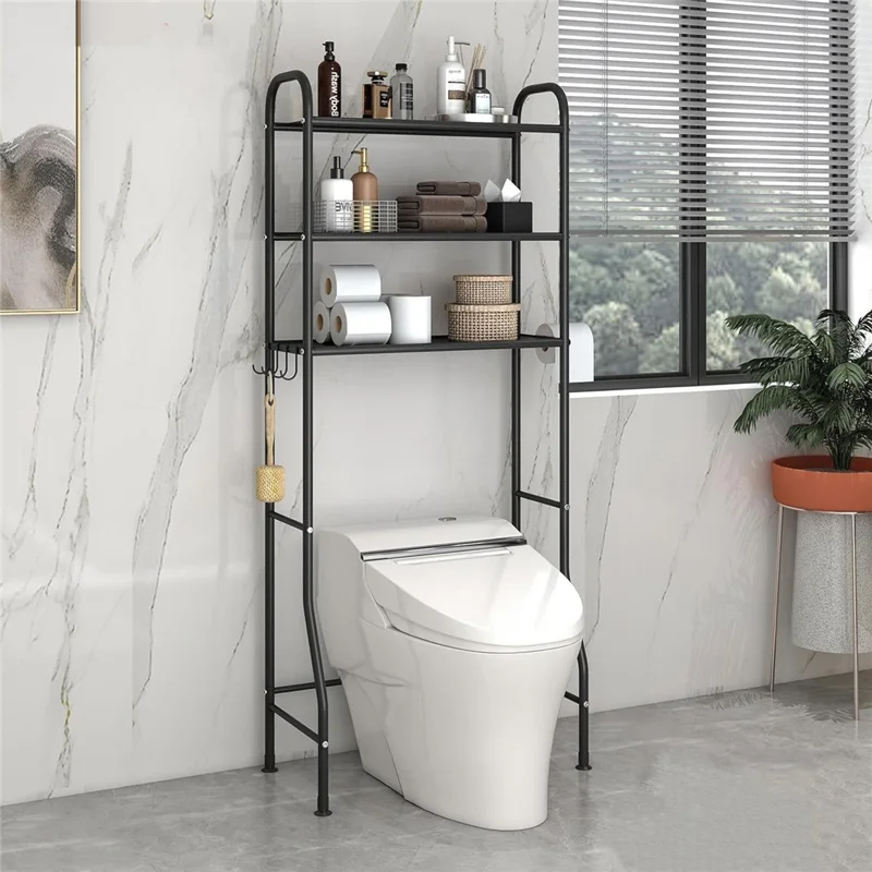 3-Tier Over Toilet Storage Rack Iron Bathroom Organizer Shelf with Tissue Holder Hooks