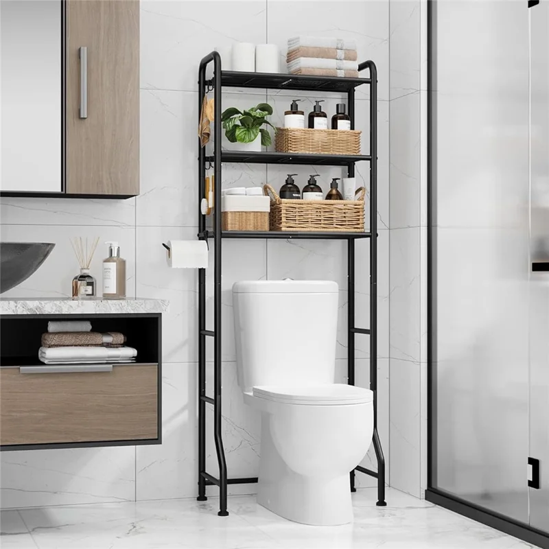3-Tier Over Toilet Storage Rack Iron Bathroom Organizer Shelf with Tissue Holder Hooks