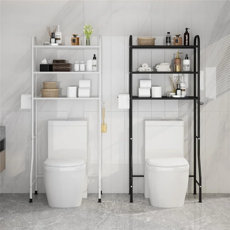 3-Tier Over Toilet Storage Rack Iron Bathroom Organizer Shelf with Tissue Holder Hooks