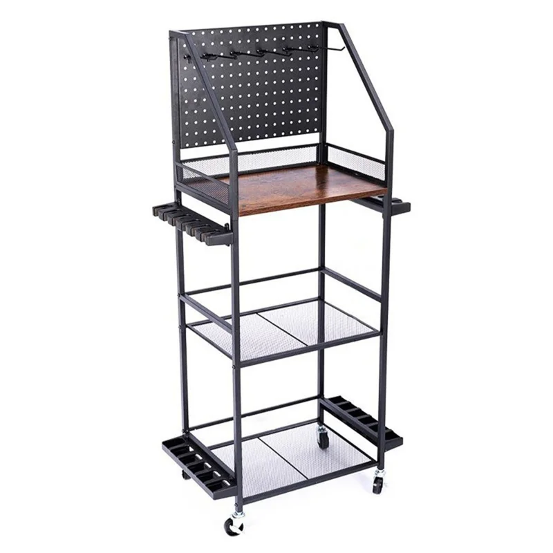3-Tier Fishing Rod Holder Rolling Storage Cart 12 Rods Organizer with Pegboard and Hooks - Black