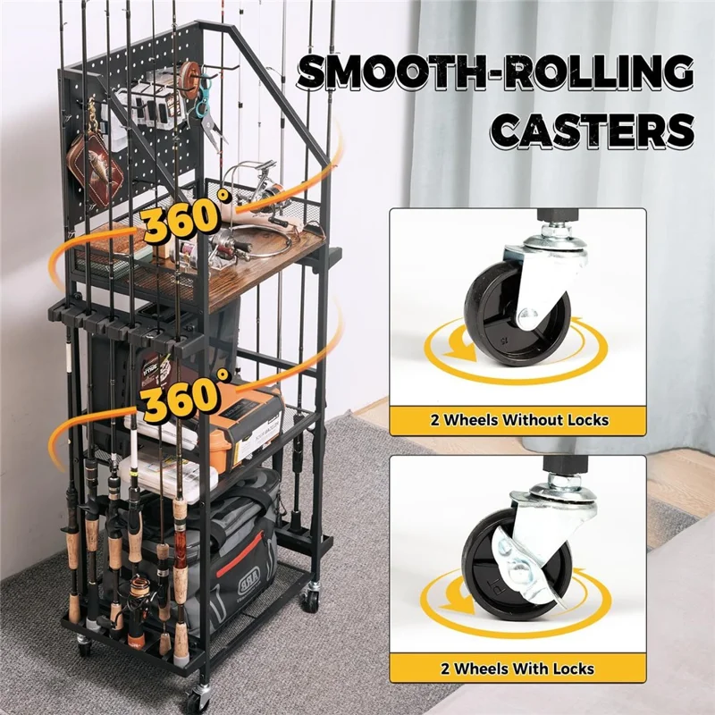 3-Tier Fishing Rod Holder Rolling Storage Cart 12 Rods Organizer with Pegboard and Hooks - Black