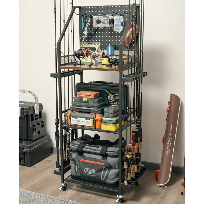 3-Tier Fishing Rod Holder Rolling Storage Cart 12 Rods Organizer with Pegboard and Hooks - Black