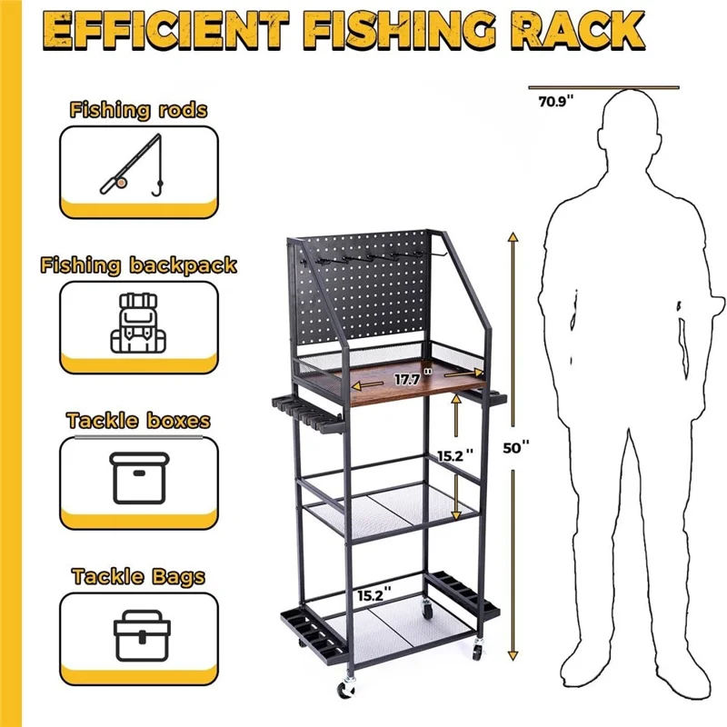3-Tier Fishing Rod Holder Rolling Storage Cart 12 Rods Organizer with Pegboard and Hooks - Black