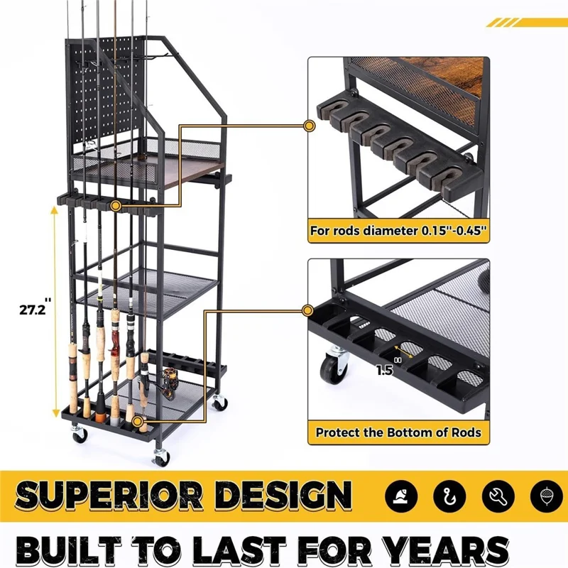 3-Tier Fishing Rod Holder Rolling Storage Cart 12 Rods Organizer with Pegboard and Hooks - Black