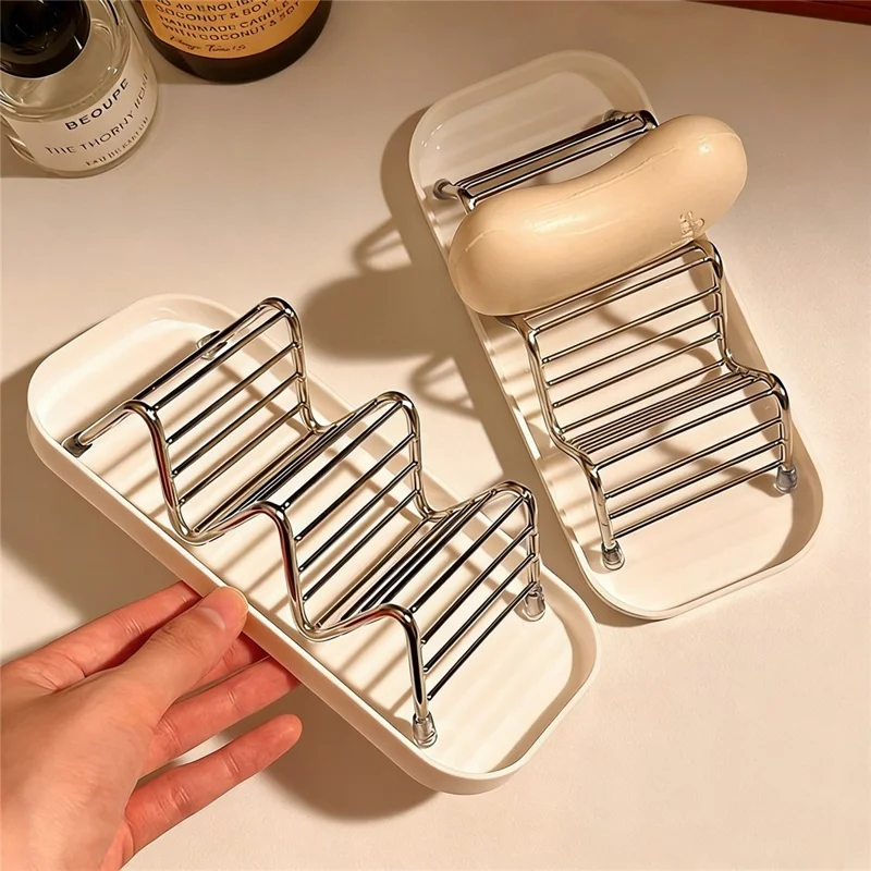 Såpeholder i rustfrit stål med bølget design og afløbsbakke - Hvid