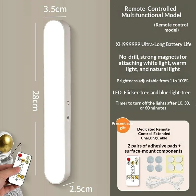 Magnetic LED Desk Lamp with Remote Type-C Rechargeable 3 Color Temperatures Dimmable Eye Care Light Bar - White