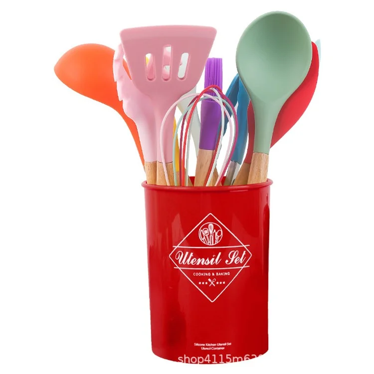 13Pcs / Set Kitchen Utensils Wooden Handle Silicone Spatula Ladle Egg Beater Kitchen Cooking Tools Kit (No FDA Certification, BPA Free) - Colorful / Red Bucket