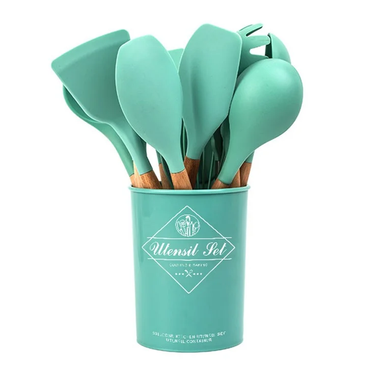 13Pcs / Set Kitchen Utensils Wooden Handle Silicone Spatula Ladle Egg Beater Kitchen Cooking Tools Kit (No FDA Certification, BPA Free) - Dark Green