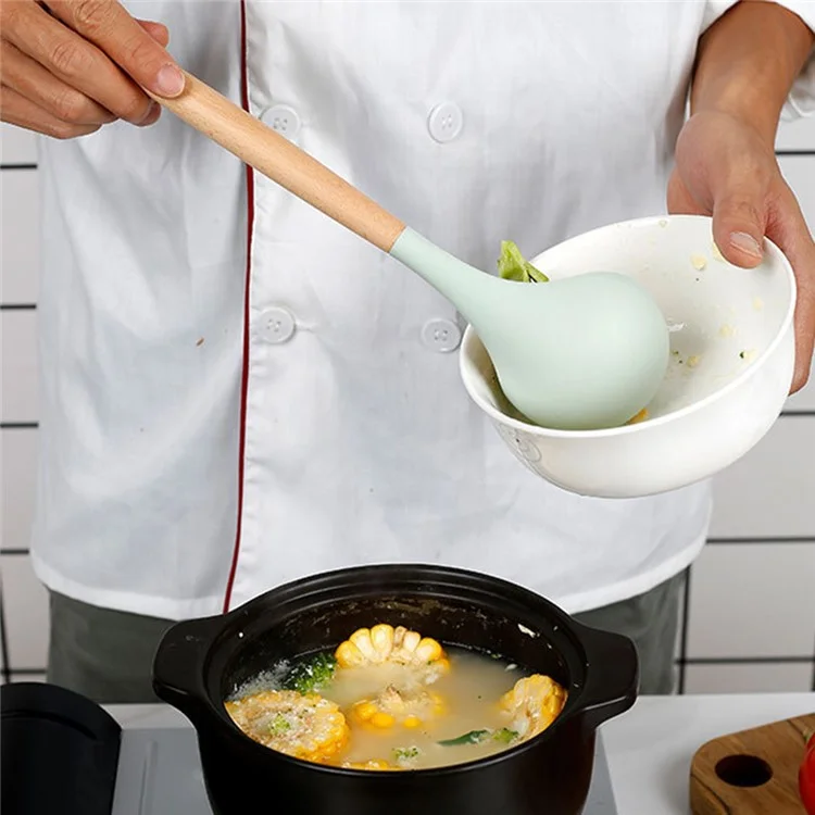 13Pcs / Set Kitchen Utensils Wooden Handle Silicone Spatula Ladle Egg Beater Kitchen Cooking Tools Kit (No FDA Certification, BPA Free) - Dark Green