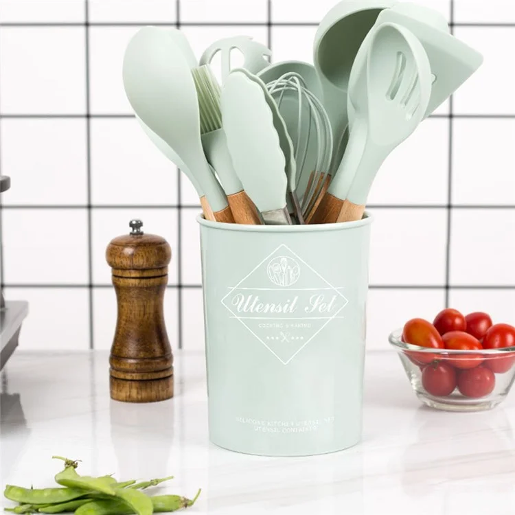 13Pcs / Set Kitchen Utensils Wooden Handle Silicone Spatula Ladle Egg Beater Kitchen Cooking Tools Kit (No FDA Certification, BPA Free) - Dark Green
