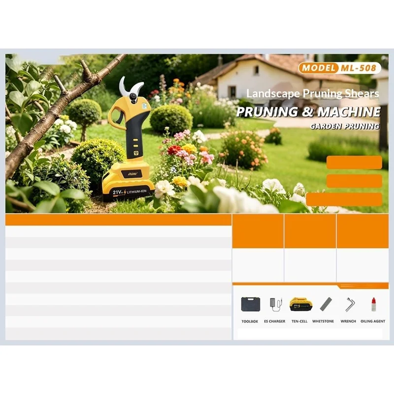 MDHL ML-508 1300mAh Cordless Pruning Shear 21V Brushless 3.0cm Cutting Branch Trimmer with Digital Display