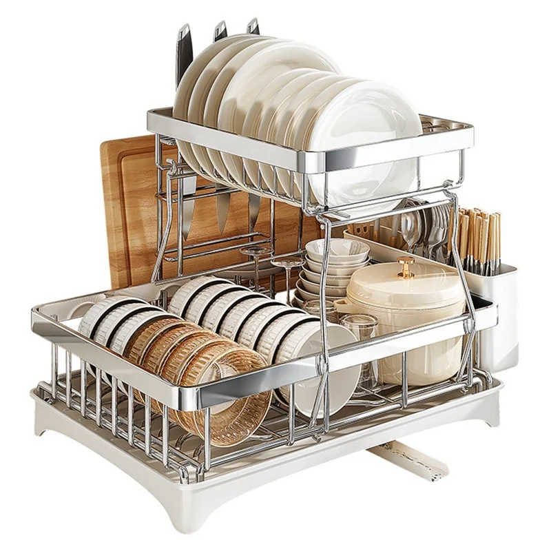 Double Layer Kitchen Dish Rack with Rotating Drainage Tray and Chopstick Holder