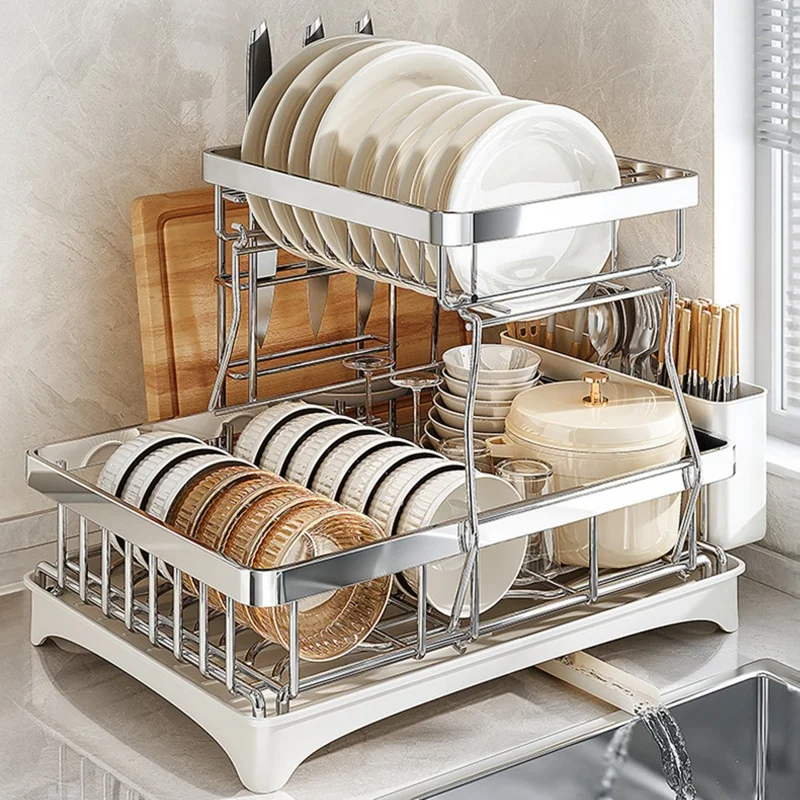 Double Layer Kitchen Dish Rack with Rotating Drainage Tray and Chopstick Holder