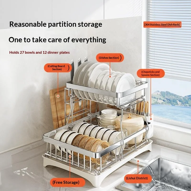 Double Layer Kitchen Dish Rack with Rotating Drainage Tray and Chopstick Holder