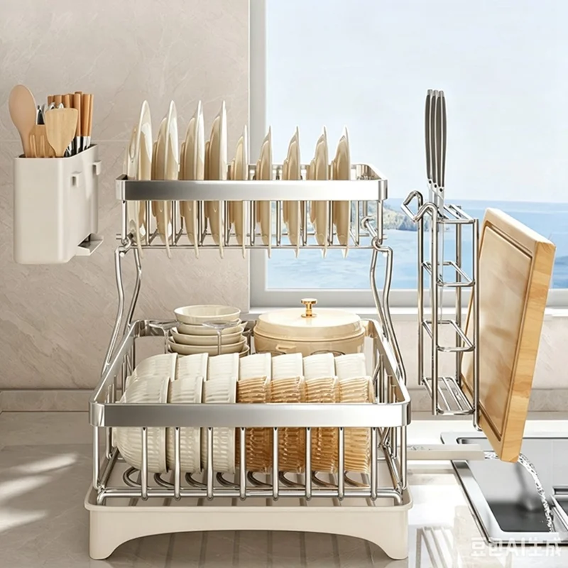 Double Layer Kitchen Dish Rack with Rotating Drainage Tray and Chopstick Holder