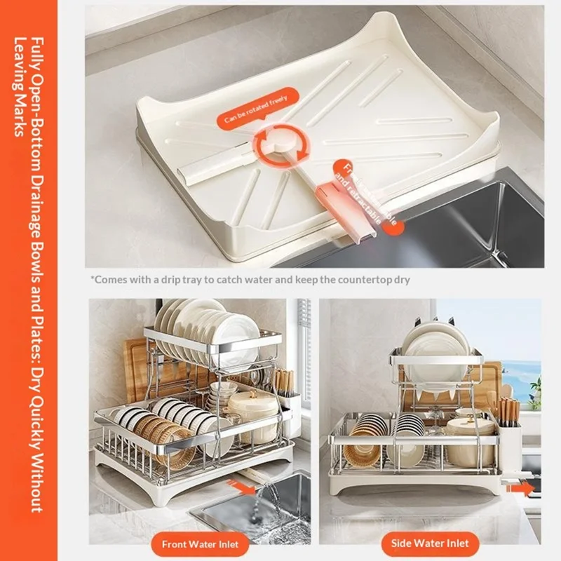 Double Layer Kitchen Dish Rack with Rotating Drainage Tray and Chopstick Holder