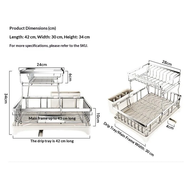 Double Layer Kitchen Dish Rack with Rotating Drainage Tray and Chopstick Holder